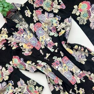 Japanese Floral Kimono Yukata Cotton Long Robe Black Multi Color Chrysanthemum